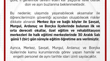 Artvin merkez ve 4 ilçede kar nedeniyle eğitime 1 gün ara verildi