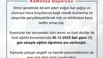 Bingöl’de kar tatili: 3 ilçede tüm okullar, merkezde taşımalı eğitime ara