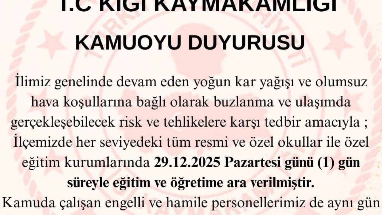 Bingöl’ün 2 ilçesinde eğitime 1 gün ara verildi