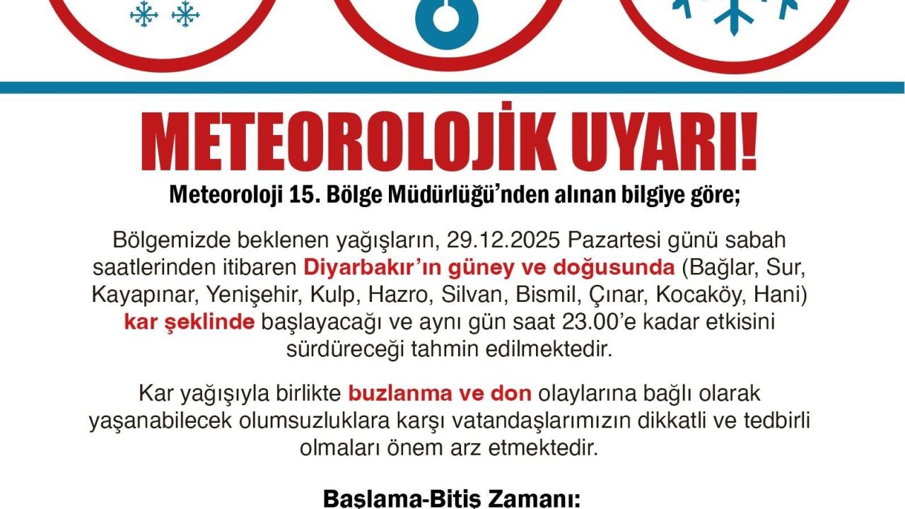 Diyarbakır Valiliğinden kar uyarısı