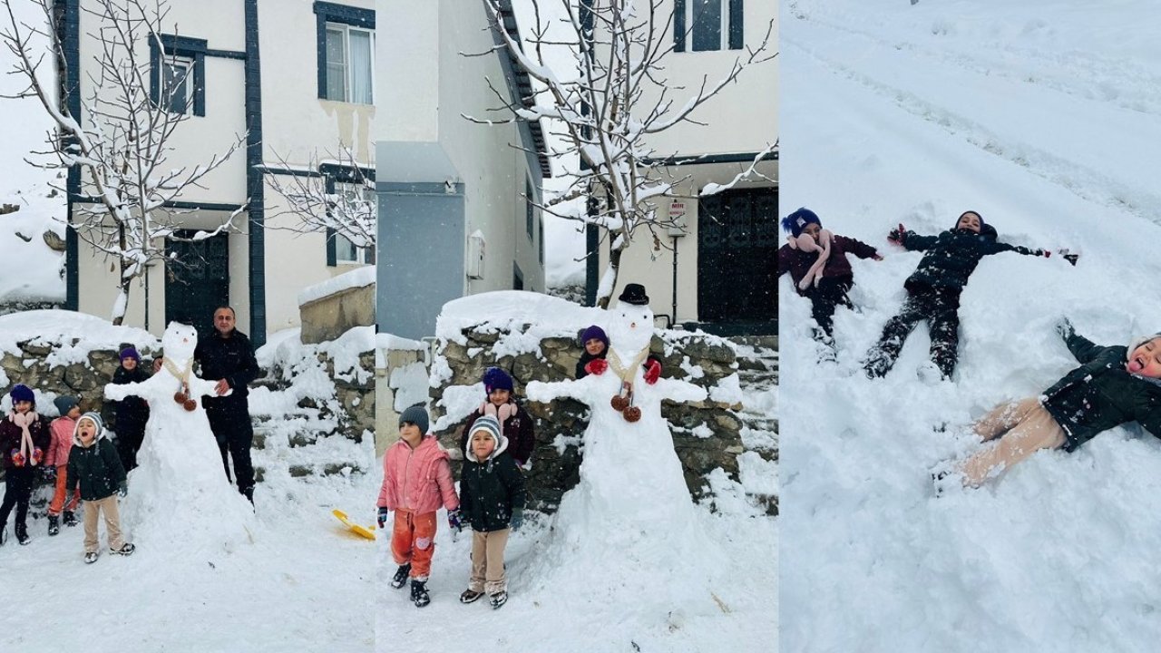 Hakkarili çocukların kardan adam sevinci