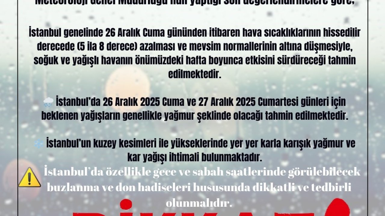 İstanbul Valiliği: "Cuma ve Cumartesi günü yüksek kesimlerde kar yağışı ihtimali bulunuyor"