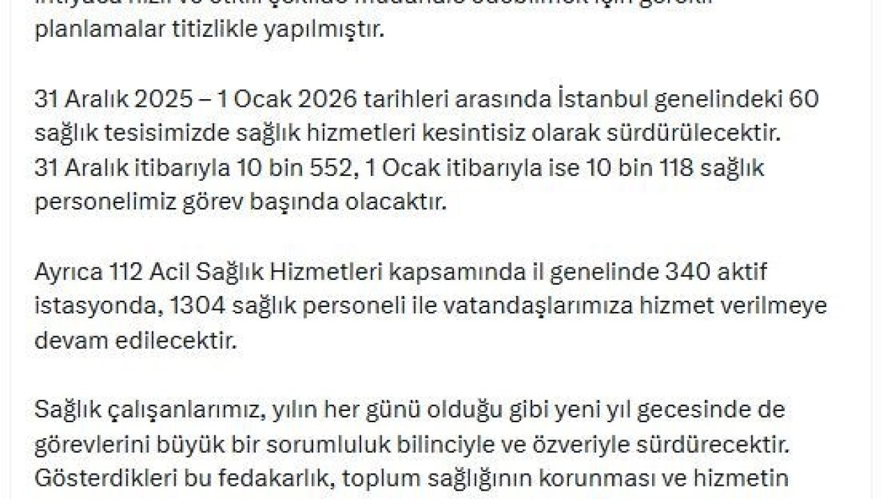 İstanbul’da yılbaşı hazırlığı: 31 Aralık’ta 10 bin 552 sağlık çalışanı görevinin başında olacak