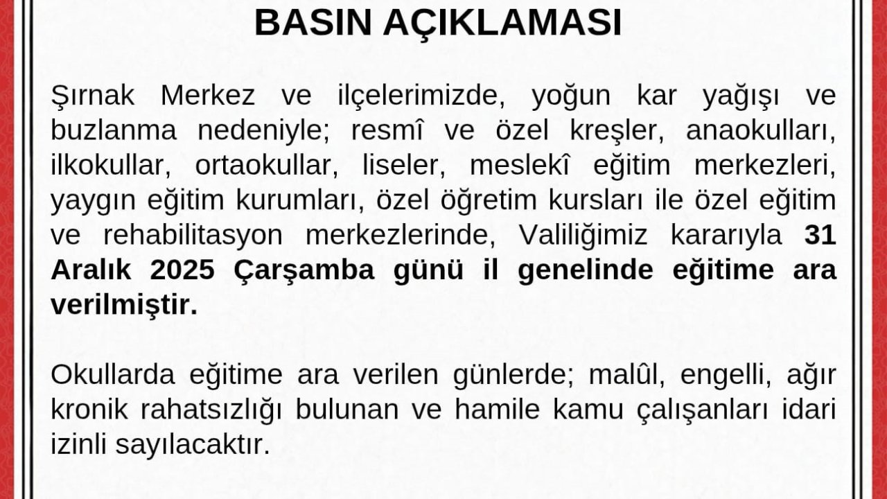 Şırnak’ta okullar çarşamba günü tatil edildi