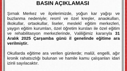 Şırnak’ta okullar çarşamba günü tatil edildi
