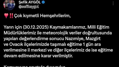 Tunceli’nin 3 ilçesinde taşımalı eğitime 1 gün ara verildi