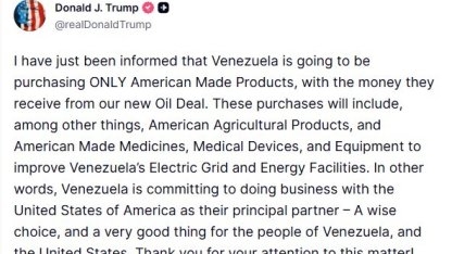 ABD Başkan Trump: "Venezuela, petrol anlaşmasından elde edeceği gelirle yalnızca ABD yapımı ürünleri satın alacak"