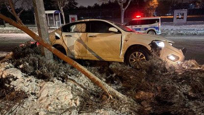 Alkollü sürücü önce ağacı devirdi ardından aydınlatma direğine çarptı