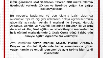 Artvin’de eğitime 1 gün ara verildi