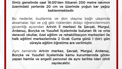 Artvin’de eğitime 1 gün ara verildi