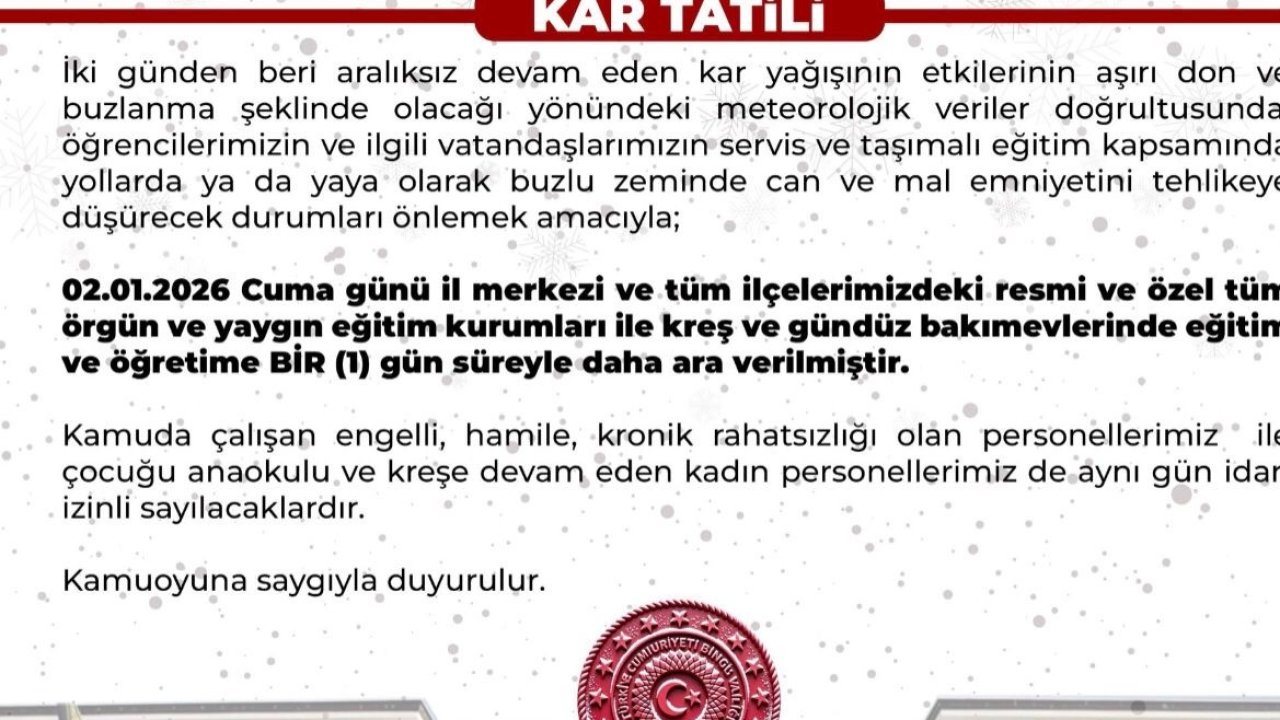 Bingöl’de eğiteme 1 gün ara verildi