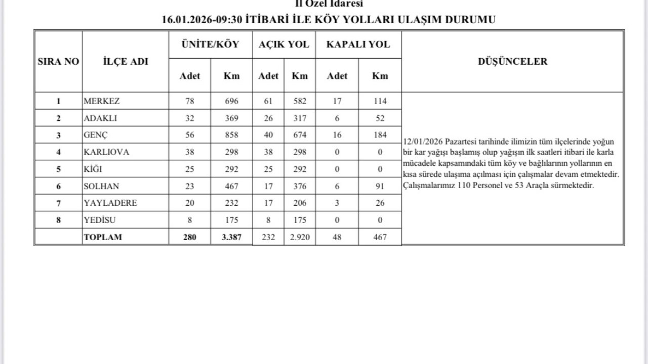 Bingöl’de karla mücadele sürüyor: 232 köy yolu ulaşıma açıldı