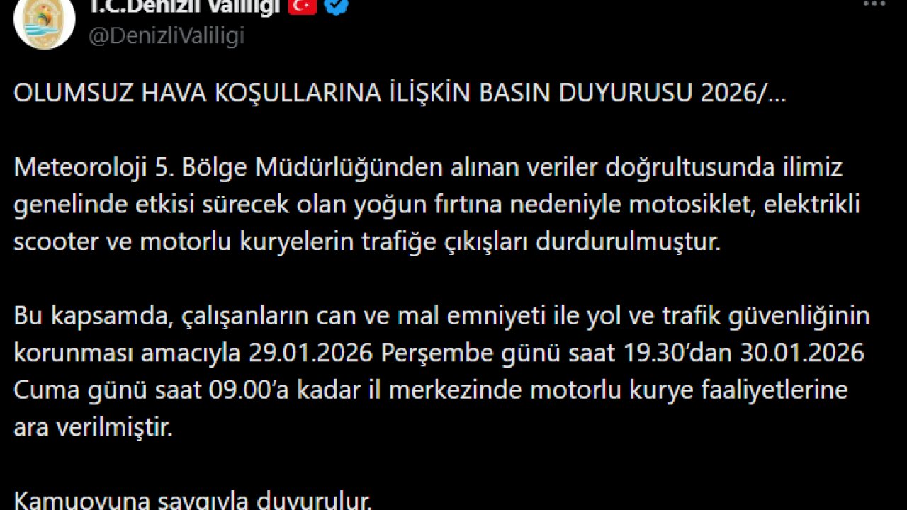 Denizli Valiliği fırtına nedeniyle motorlu kurye faaliyetlerini durdurdu