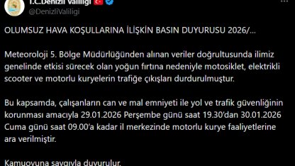 Denizli Valiliği fırtına nedeniyle motorlu kurye faaliyetlerini durdurdu