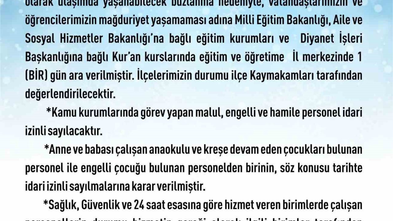 Elazığ’da eğitim-öğretime 1 gün ara verildi