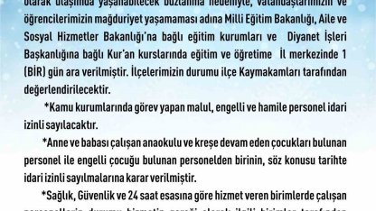 Elazığ’da eğitim-öğretime 1 gün ara verildi