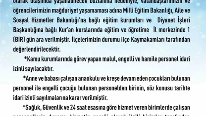 Elazığ’da eğitim-öğretime 1 gün ara verildi