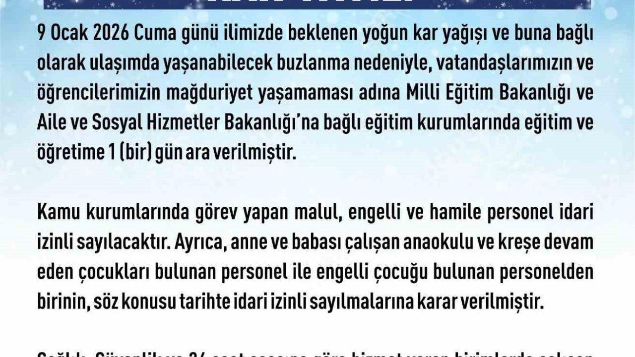 Elazığ’da eğitime 1 gün ara verildi