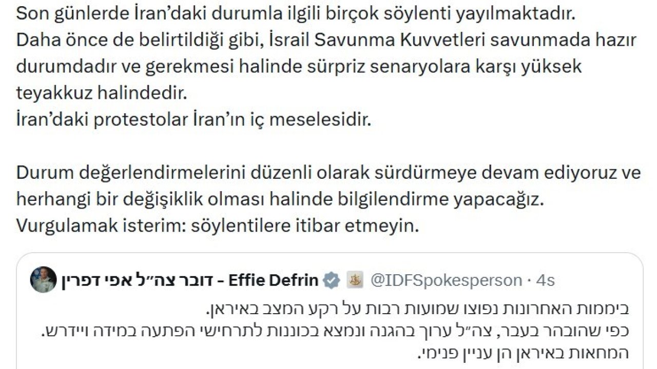 İsrail ordusundan İran açıklaması: "Sürpriz senaryolara karşı yüksek teyakkuz halindeyiz"