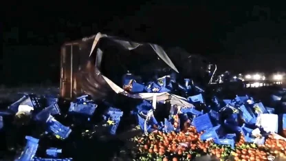 Kütahya-Eskişehir karayolunda meyve yüklü tır devrildi