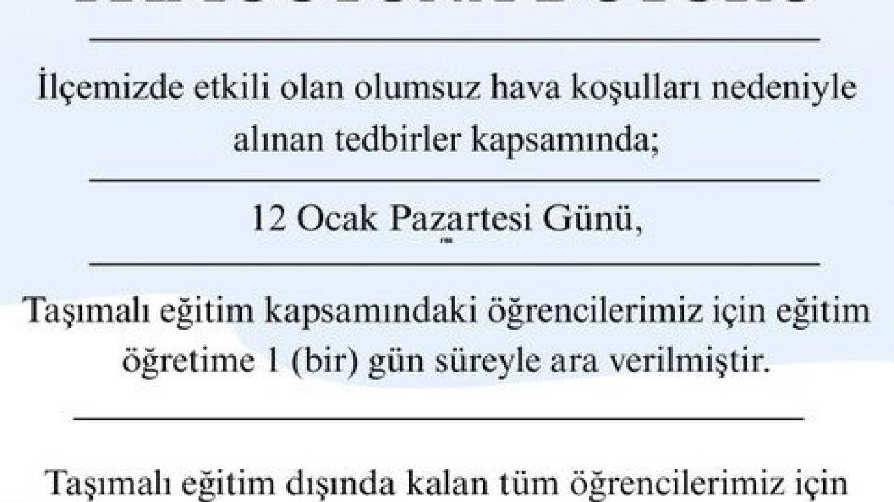 Şarköy’de taşımalı eğitime bir gün ara verildi
