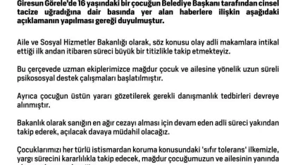 Aile ve Sosyal Hizmetler Bakanlığından Görele’deki taciz iddiasıyla ilgili açıklama: "Sıfır toleransla, yargı sürecini kararlılıkla takip edeceğiz"