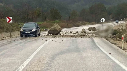 Bolu’da dağdan kopan kayalar yola indi: Sürücüler son anda kurtuldu