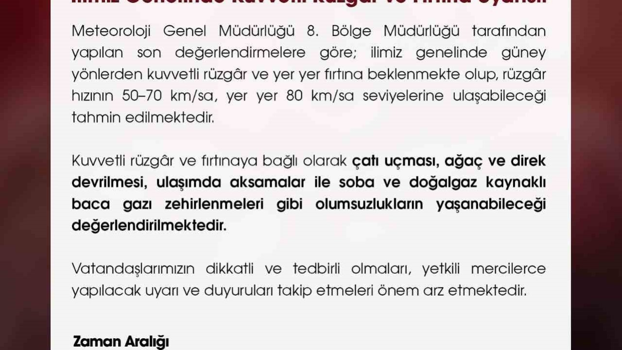 Niğde Valiliği’nden kuvvetli rüzgar uyarısı