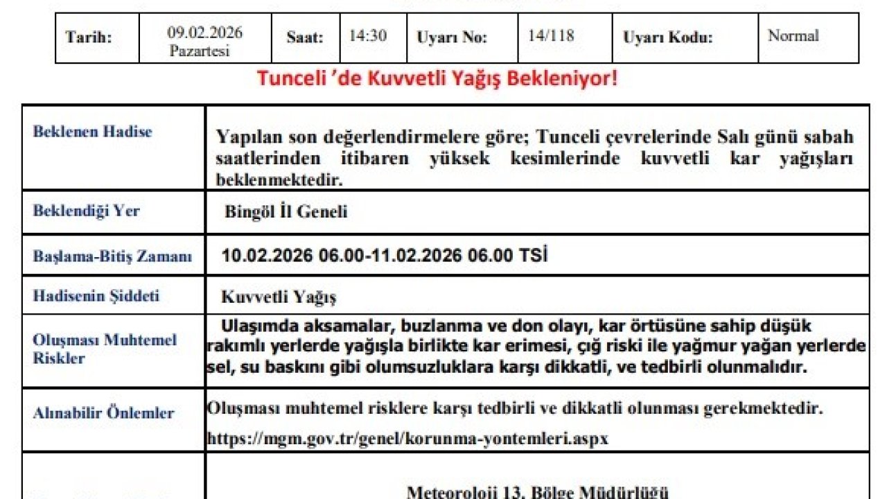 Tunceli için kuvvetli kar yağışı uyarısı