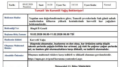 Tunceli için kuvvetli kar yağışı uyarısı