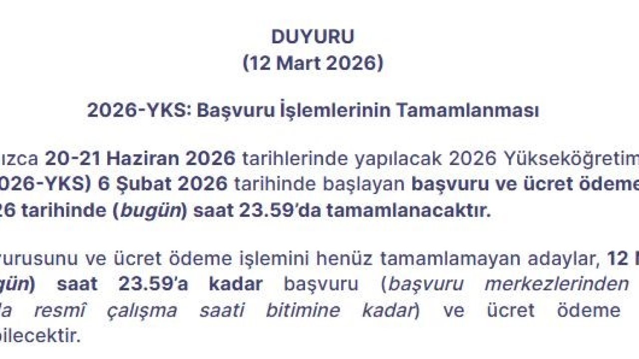 2026-YKS başvuru işlemleri bugün sona eriyor