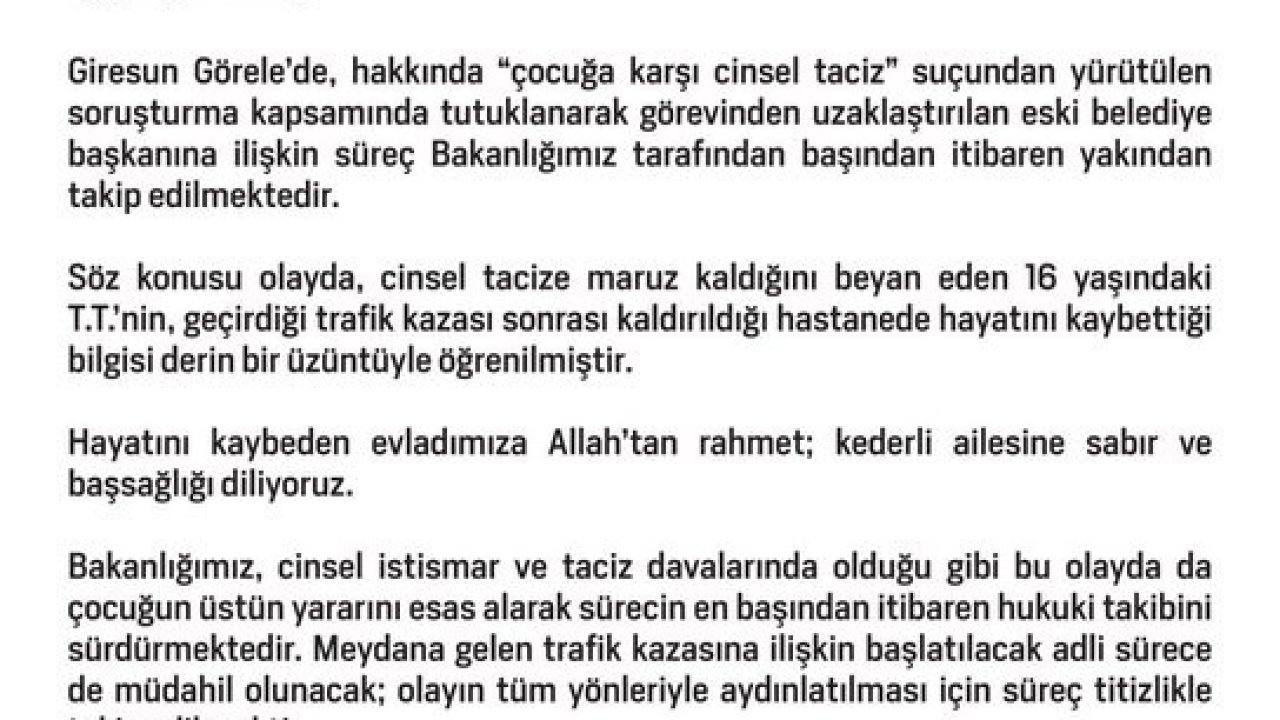Aile ve Sosyal Hizmetler Bakanlığı: "Çocuklara yönelik istismar ve ihmal karşısında sıfır toleransla hareket etmeye devam edeceğimizi vurguluyoruz"