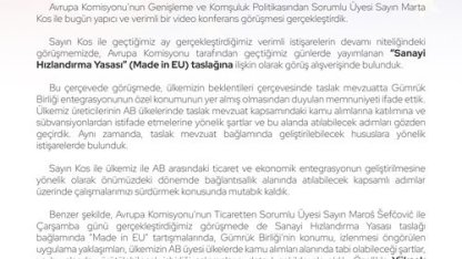 Bakan Bolat: "AB ile ekonomik ve ticari başlıklarda yürüttüğümüz yakın istişarelerde, ikili entegrasyonumuzu derinleştirmek üzere çalışmaya devam edeceğiz"