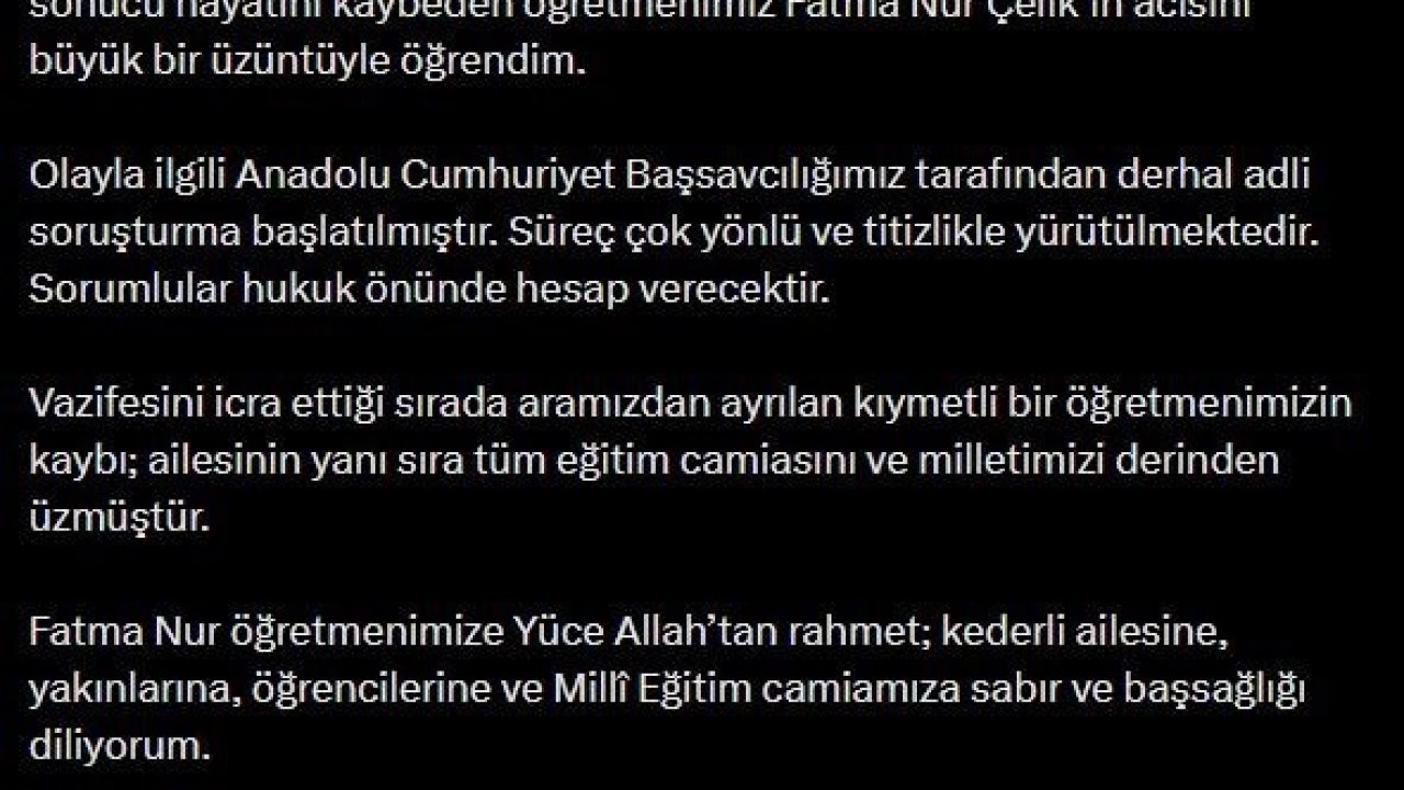 Bakan Gürlek: "(Öğretmen Fatma Nur Çelik) Olayla ilgili derhal adli soruşturma başlatılmıştır"