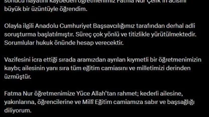 Bakan Gürlek: "(Öğretmen Fatma Nur Çelik) Olayla ilgili derhal adli soruşturma başlatılmıştır"