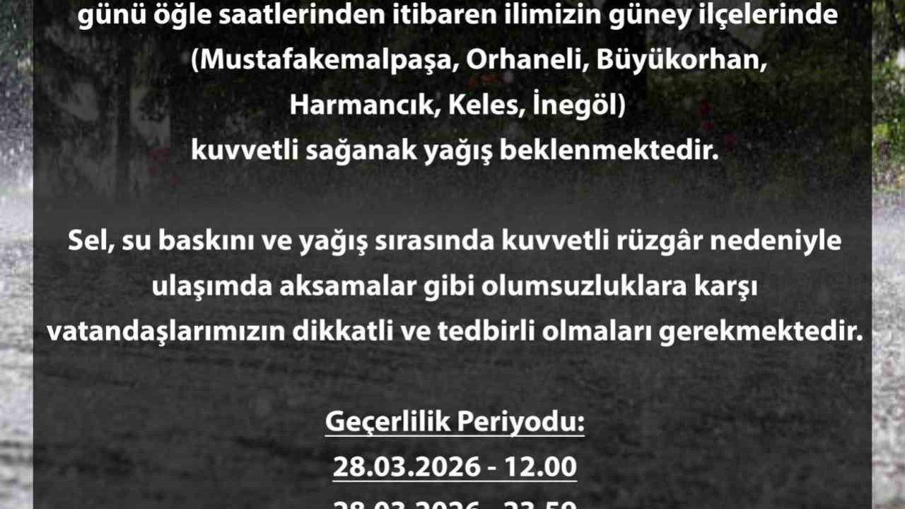 Bursa için sarı alarm: Kuvvetli yağış kapıda