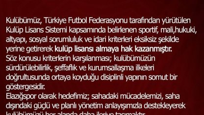 Elazığspor, kulüp lisansı almaya hak kazandı