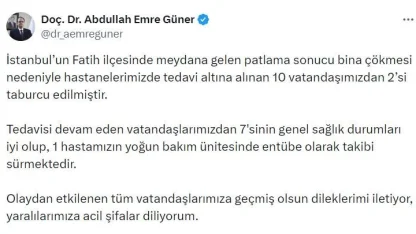 İstanbul İl Sağlık Müdürü Doç. Dr. Abdullah Emre Güner: "Tedavi altına alınan 10 vatandaşımızdan 2’si taburcu edilmiştir"