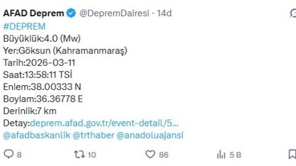 Kahramanmaraş’ta 4 büyüklüğünde deprem