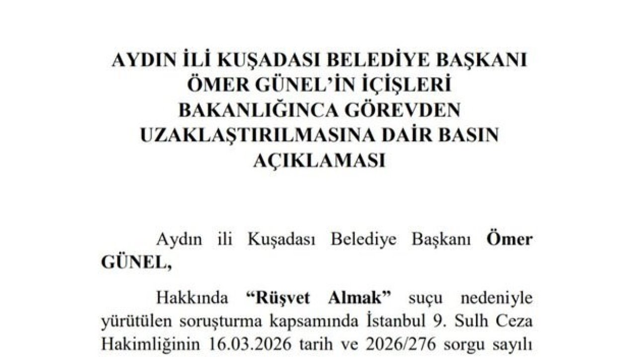 Kuşadası Belediye Başkanı Ömer Günel görevden uzaklaştırıldı