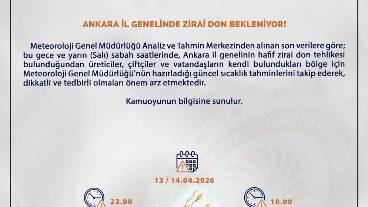 Ankara Valiliği’nden zirai don uyarısı