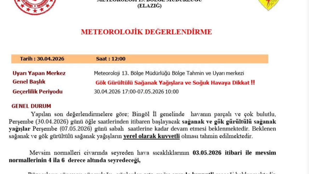 Bingöl için sağanak yağış uyarısı