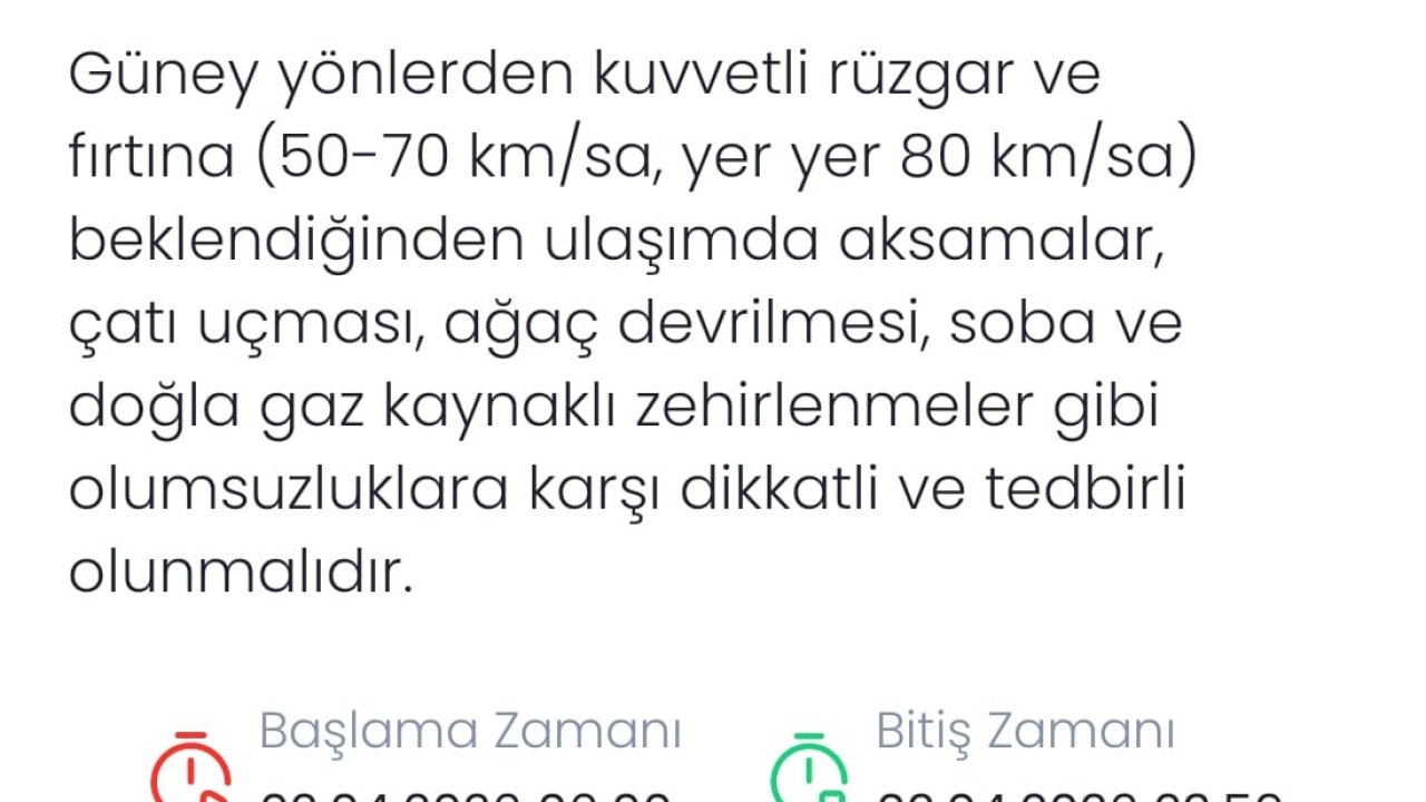 Denizli için kuvvetli rüzgar ve fırtına uyarısı