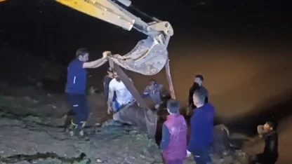 Dicle Nehri’ne düşen ineği itfaiye iş makinesiyle kurtardı