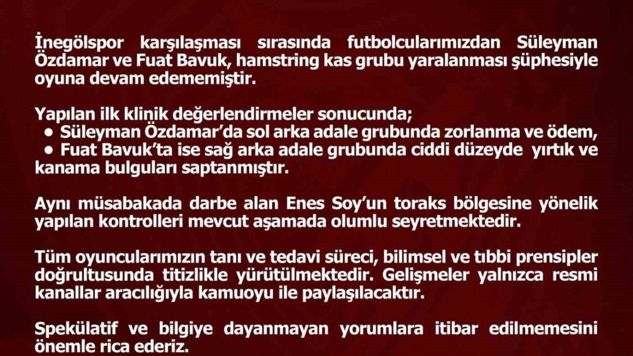 Elazığspor’dan sakat futbolculara ilişkin açıklama