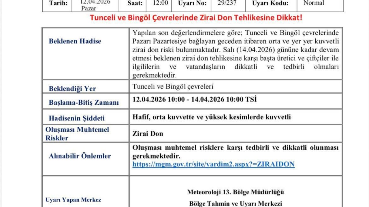 Meteorolojiden Bingöl ve Tunceli için zirai don uyarısı