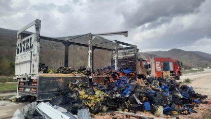 Tokat’ta çilek yüklü kamyon yandı