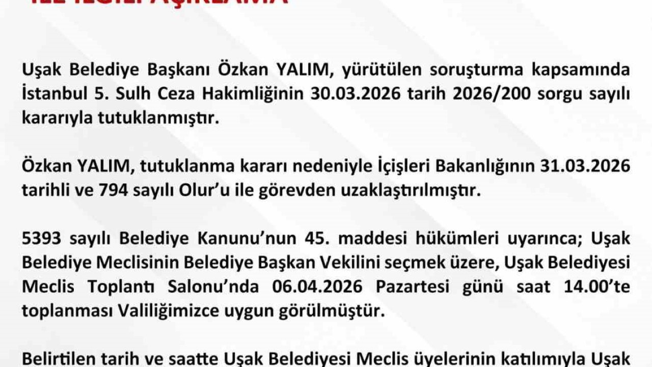 Uşak Belediye Başkan Vekili seçimi ile ilgili açıklama