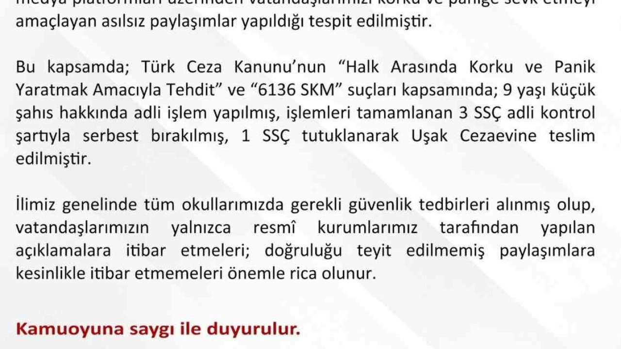 Uşak’ta asılsız paylaşımlara yönelik 1 şüpheli tutuklandı
