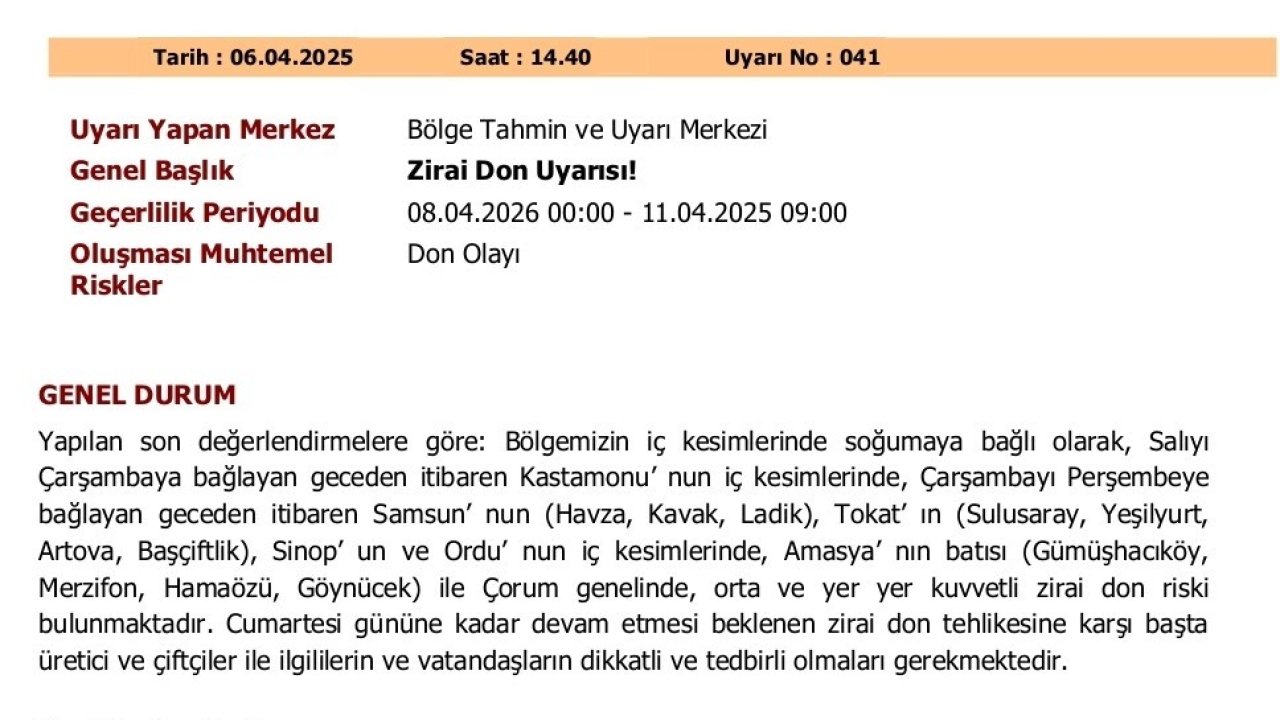 Zirai don uyarısı: Orta Karadeniz için kritik günler